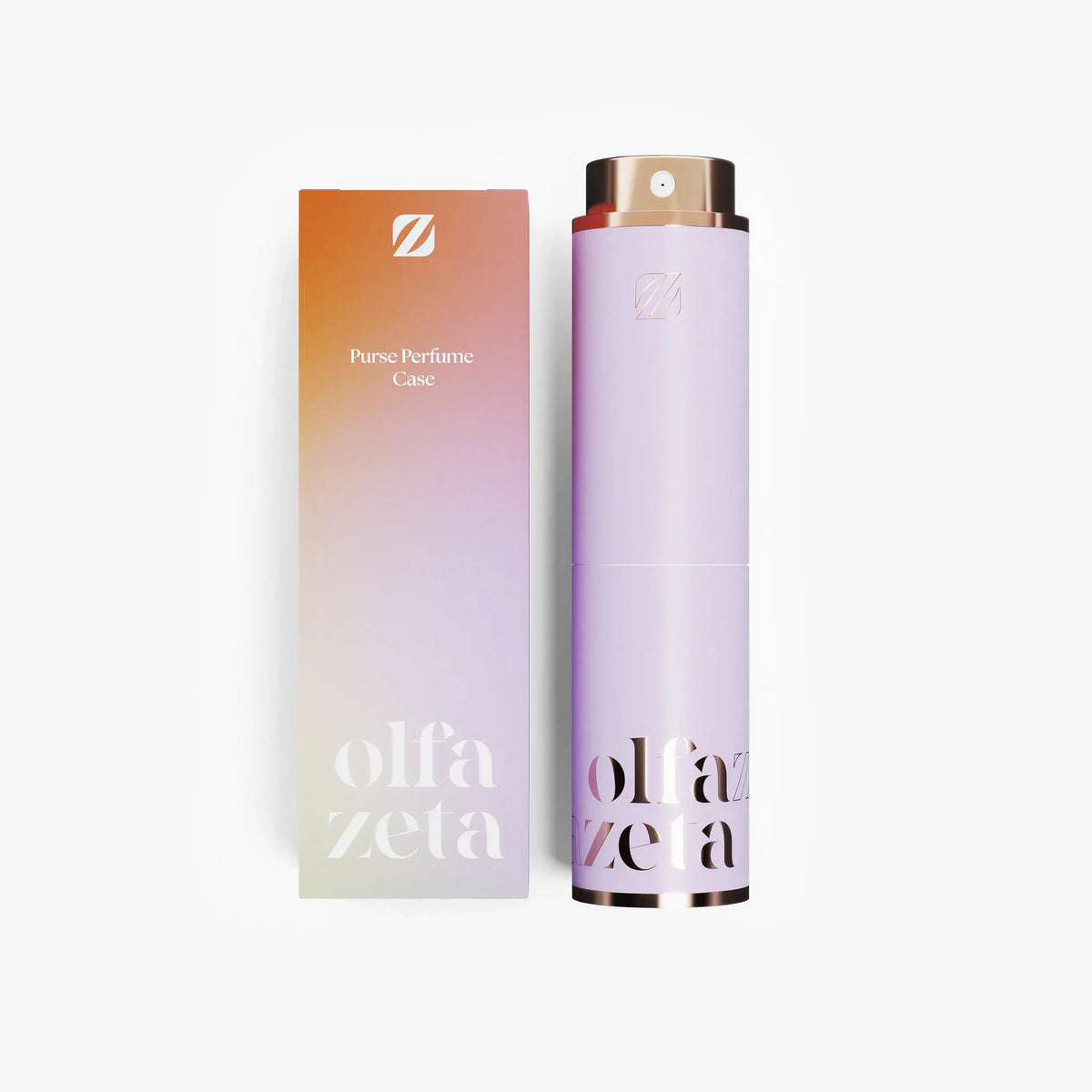 Étui de poche 'Modern' Olfazeta by Chogan lilas à capuchon doré et son coffret dégradé orangé sur fond gris clair