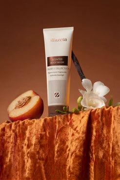 Tube de gel douche parfumé Olfazeta by Chogan N°134 sur velours cuivré, pêche coupée, freesias et vanille