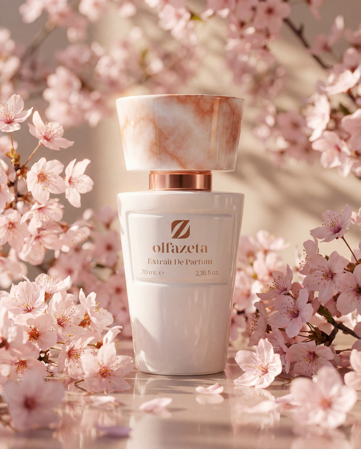 Flacon blanc Olfazeta by Chogan Millésime N°40 entouré de fleurs de cerisier roses, lumière douce