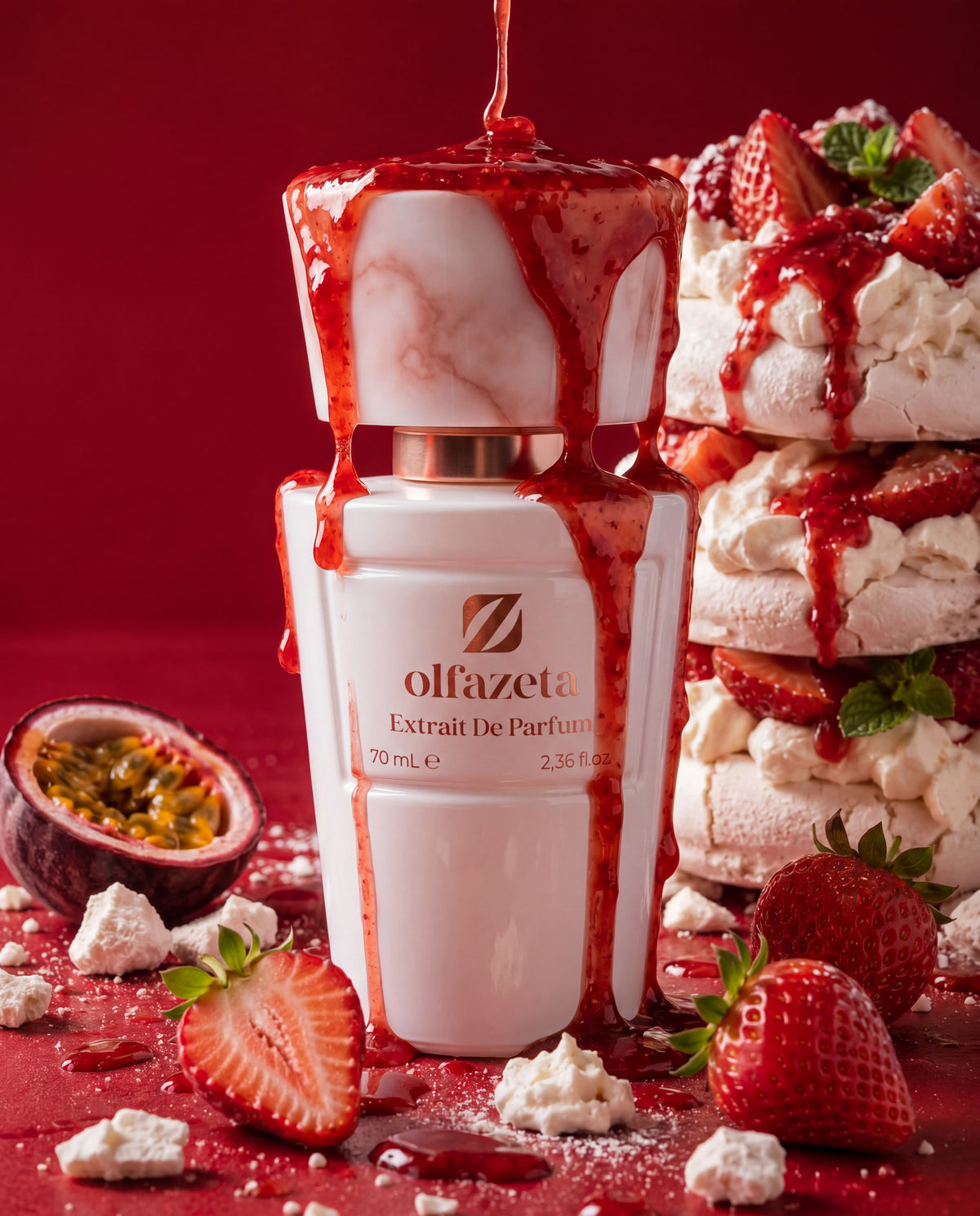 Flacon blanc Olfazeta by Chogan Millésime N°163 nappé de coulis de fraise, pavlova et fruits rouges sur fond rouge
