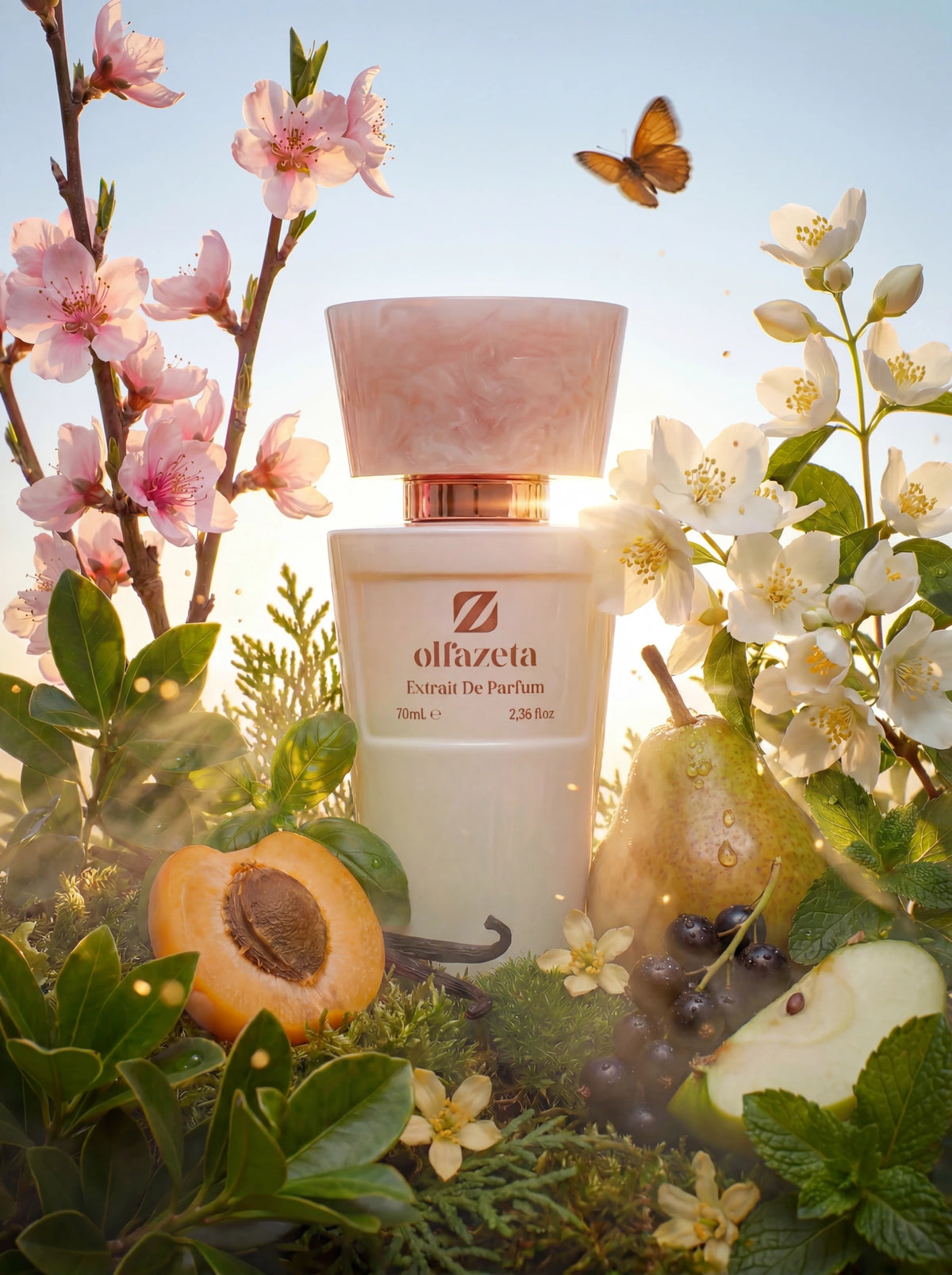 Flacon rosé Olfazeta by Chogan Millésime N°159 avec abricot coupé, poire, jasmin blanc et papillon au soleil