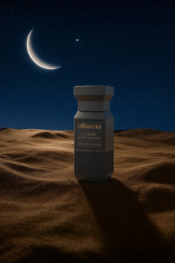 Flacon gris Olfazeta by Chogan Luxury N°138 sur des dunes de sable sous un croissant de lune étoilé