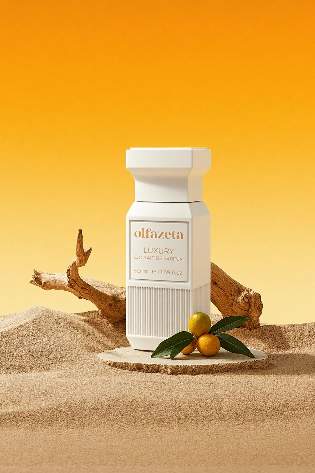 Flacon blanc Olfazeta by Chogan Luxury N°112 sur socle de pierre dans le sable, kumquats et bois flotté