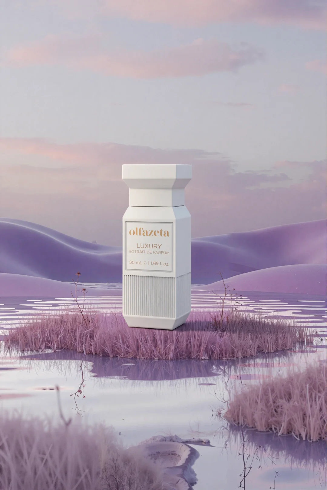 Weißer Flakon Olfazeta by Chogan Luxury N°139 auf einer grasbewachsenen Insel in einem malvenfarbenen Sumpf in der Dämmerung